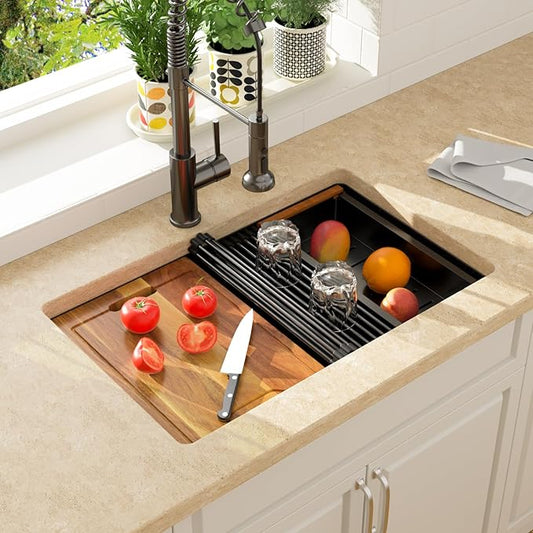 Lordear 30 Inch Black Granite Composite Kitchen Sink Workstation 30x19 Matte Black Undermount Quartz Sinks Under Counter Single Bowl Sink with Black Accessories