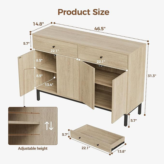 Mericonia Farmhouse Buffet Sideboard Cabinet with Storage, Fluted Coffee Bar with Doors and Adjustable Shelves, Modern Wood Console Cabinet with Drawers (4 Door, Oak2 Drawer)