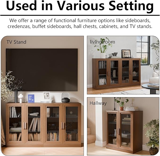 Casaphoria Adam Sideboard Buffet Cabinet with Storage, Display Cabinet with Glass Doors & Adjustable Shelves, 62" W x 36" H Buffet Cabinet for Entryway Kitchen Living Room, Walnut