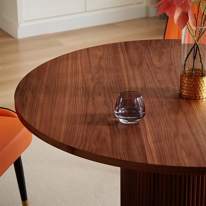 AF ARTISAN FURNITURE Modern Farmhouse Dining Table Set, 35.04" Round Table with 4 Leather Chairs, Wood & Gold Stainless Steel Base, Brown