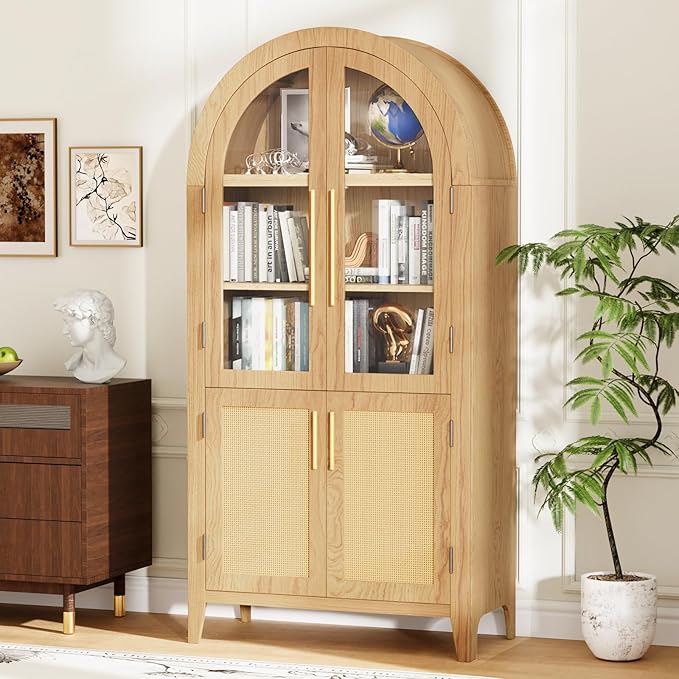 63” Tall Arched Kitchen Pantry Cabinet, 5-Tier Modern Farmhouse Flute Pantry with Adjustable Shelves, Kitchen Storage Cabinet for Kitchen, Dining Room, Living Room, Oak