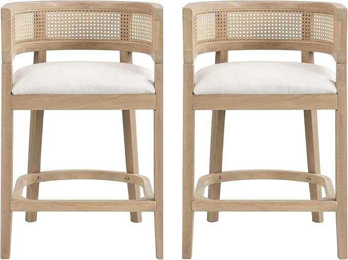Set of 2 Upholstered Arm Counter Stools with Solid Rubberwood Frame & Natural Rattan Caned Back,Soft Padded Seating,Transitional Farmhouse Chairs for Kitchen Island Dining Room,25.5" H Natural Ash