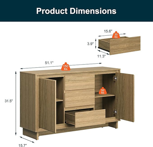 RoyalCraft Buffet Cabinet with Storage, Coffee Bar Cabinet with 3 Drawers and 2 Doors, Framed Edge Design, Modern Sideboard for Kitchen, Living Room and Dining Room, Natural