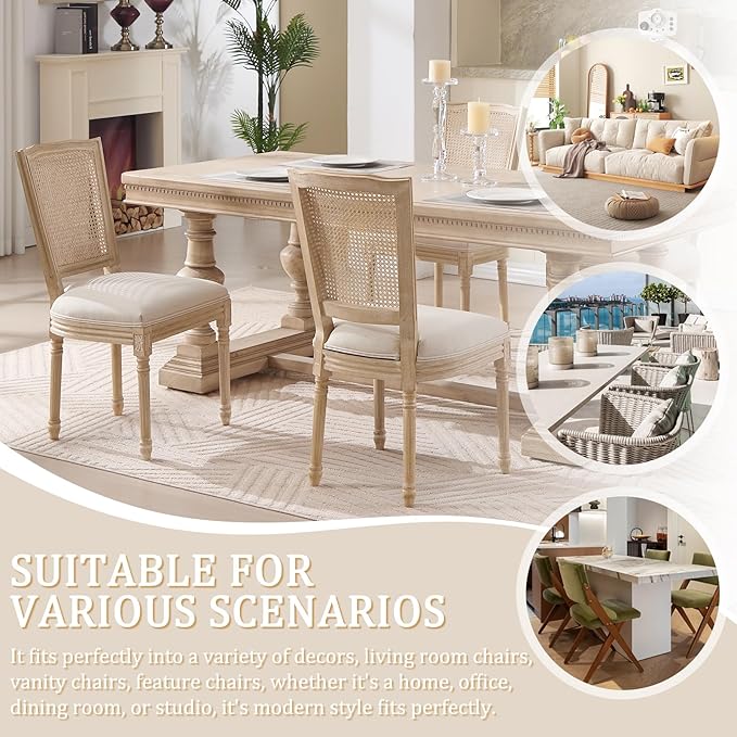 Farmhouse Vintage Dining Chairs Set of 4, Linen Fabric Dining Chairs with Square Rattan Backrest, Kitchen & Dining Room Chairs for Restaurant/Living Room (Beige-Rattan, Set of 4)