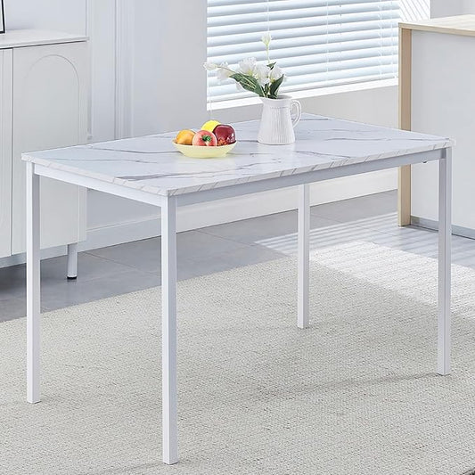 47 Inches White Faux Marble Dining Table for 2-4 People, Modern Rectangular Kitchen Table for Dinner Table for Dinner(MDF Top with Metal Legs and Frame