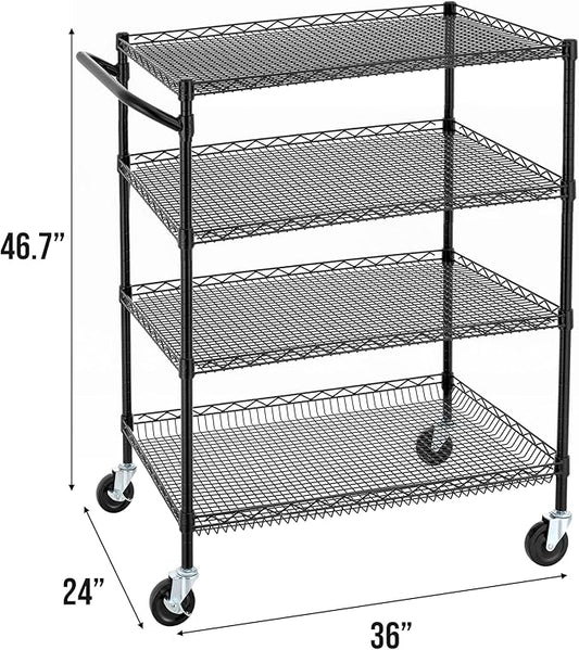 Finnhomy 4 Tier Heavy Duty Commercial Grade Rolling Cart with Handle Bar, Metal Wire Utility Cart with Wheels, Service Trolley on Wheels, Shelf Size 24" D x 36" W, NSF, Black