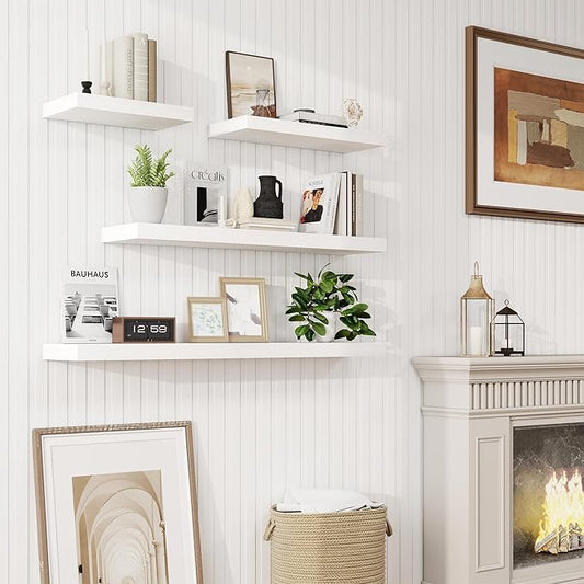 Acovy 16 Inch Floating Shelves, 9.3" Deep Floating Shelf Wall Mounted, 16" Wall Shelves, Rustic Deep Bookshelf, Large Display Shelves & Storage Shelves for Bedroom, Living Room, White, Set of 2