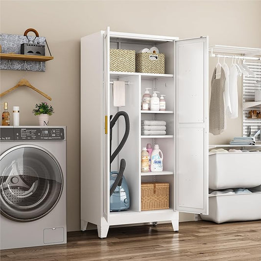 Metal Combination Cabinet, Utility Storage Cabinet with 4 Shelves, Farmhouse Pantry Closet with Doors, 71" Tall Storage Cabinets with Hanging Rod and Clothing Shelf for Hallway Laundry Mudroom