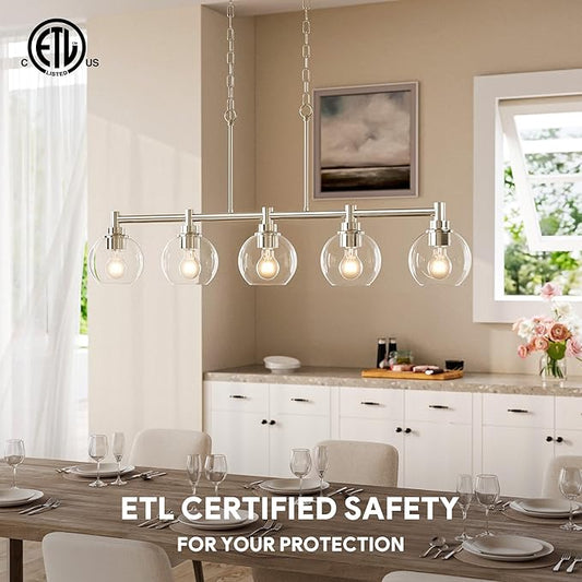 VONLUCE Dining Room Light Fixture Over Table, 5-Light Kitchen Island Lighting with Round Glass Shades & Adjustable Hanging Heights, Linear Chandlier for Dining Room Kitchen, Nickel, ETL Certificated