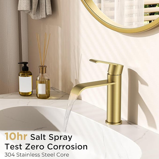 FORIOUS Brushed Gold Bathroom Faucet Single Hole Waterfall Faucet for Bathroom Sink 1 Hole with Deck Plate, Gold Single Handle Vanity Tap with Pop-up Drain and CUPC Hose for RV, Lavatory