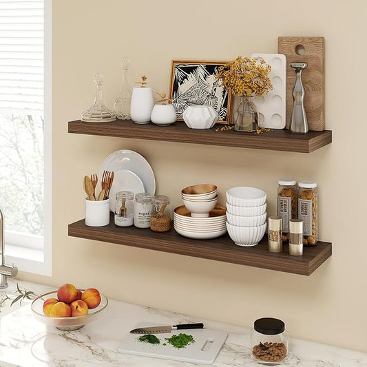 Acovy 36 Inch Floating Shelves, 9.3" Deep Floating Shelf Wall Mounted, 36" Wall Shelves, Rustic Deep Bookshelf, Large Display Shelves & Storage Shelves for Bedroom, Living Room, Walnut, Set of 2