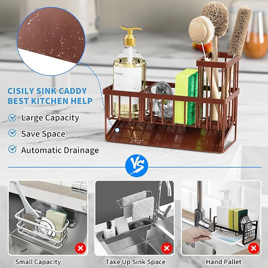 Cisily Kitchen Sink Caddy, Sponge Holder for Kitchen Sink, Kitchen Sink Organzier and Storage with High Brush Holder, Rustproof 304 Stainless Gadgets Sink Accessories(Brown)