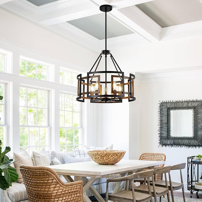 20" Dining Room Light Fixture/Chandelier Over Table, 5-Light Black & Wood Grain Farmhouse Chandeliers for Dining Room, Industrial Metal Hanging Pendant Lights Fixture for Kitchen Island Foyer Entryway