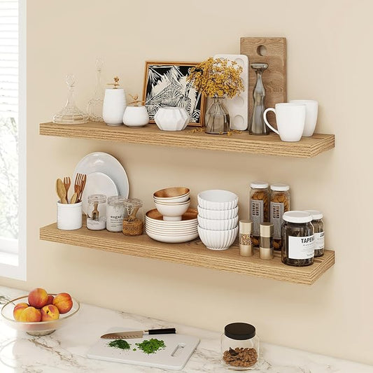 Acovy 40 Inch Floating Shelves, 9.3" Deep Floating Shelf Wall Mounted, 40" Wall Shelves, Rustic Deep Bookshelf, Large Display Shelves & Storage Shelves for Bedroom, Living Room, Light Brown, Set of 2