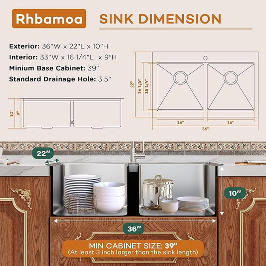 Rhbamoa Double Farmhouse Sink 36 Inch,16-Gauge T304 Stainless Steel Drop In Farm Sink,50/50 Topmount Double Bowl Apron Front Farm Sinks,10 Inch Deep Workstation Sinks with All Accessories