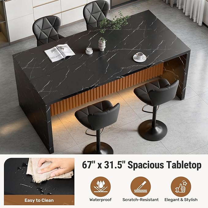 67" Kitchen Island Table with Faux Marble Top, Counter Height Dining Table for Kitchen, Modern Island Table with Fluted Base, Seats 4