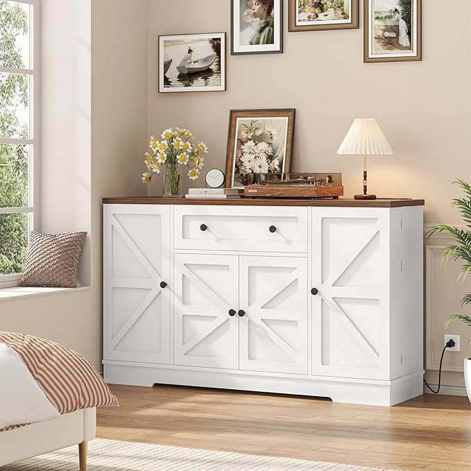 Bigbiglife Sideboard Buffet Cabinet, Modern Kitchen Coffee Bar Cabinet with Drawers & Charging Station, Storage Cabinet with Barn Doors, Wine Rack and Hooks, Wood Sideboard Buffet for Kitchen, White