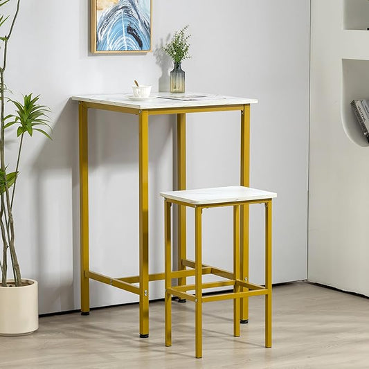 Finnhomy Bar Table, 23.6" Pub High Top, Square Bar Height, Counter Height Cocktail, Small Kitchen Set for 2, Breakfast for Kitchen, Living Room, White Marble and Gold