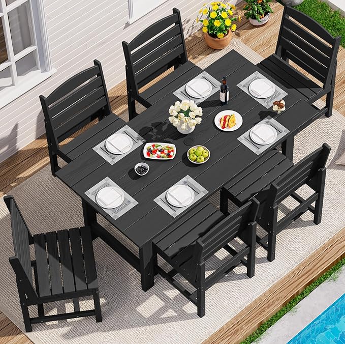 SERWALL Patio Dining Sets for 10 Person, HDPE Dining Set with 2 Tables, 8 Armless Chairs and 2 Armed Dining Chairs, Black