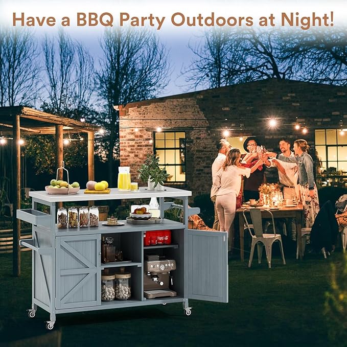 Zevemomo Outdoor Grill Cart with Storage, Stainless Steel Tabletop Outdoor Kitchen Island, Fir Wood Outdoor Buffet Cabinet with Lockable Wheels for Grilling, Gray-Blue