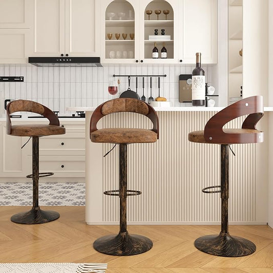 VECELO Bar Stools Set of 2,Adjustable Counter Height Stools with Bentwood Back,Armrest&Footrest,Swivel PU Leather Bar Chairs for Kitchen Island,Coffee Shop and Salon,Crescent Curve, Rustic Brown