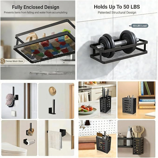 PUSDON 5-in-1 Shower Caddy & Kitchen Organizer Set, Wall Mount Wide Spice Rack with Paper Towel Holder, Utensil Holder, Soap Dish, Rustproof Mesh Baskets Hold 50LBS - Matte Black, Guardrail