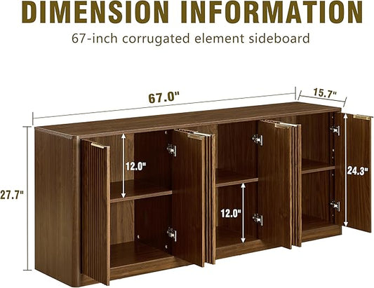 Ball & Cast 67" Modern Fluted Sideboard Buffet Cabinet with Storage,Curved Design Kitchen Coffee Bar Cabinet with 6 Doors & Shelves,Wood Credenza Cabinets Media Console for Living Room,Walnut