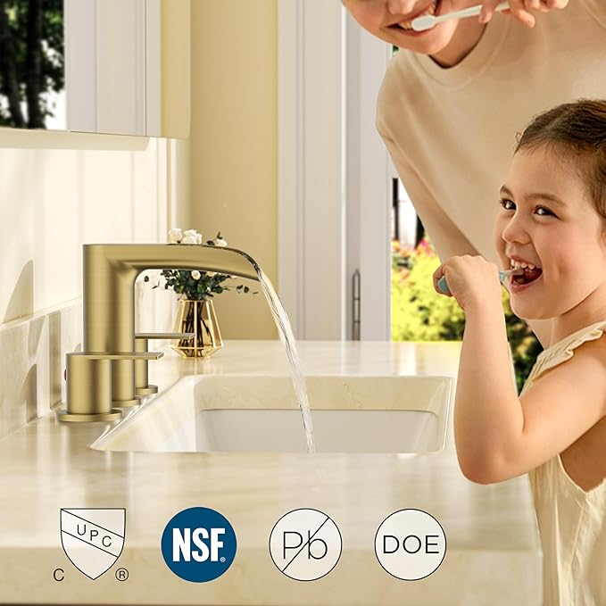 FORIOUS Gold Bathroom Faucet, Waterfall Bathroom Faucet for Sink 3 Hole with Easy Install Pop-Up Drain and Water Supply, 8 Inch Widespread for Vanity, Camper,Restroom