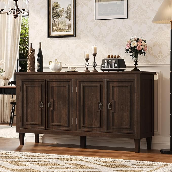 knoworld 60" Mid Century Sideboard Cabinet with 4 Doors,Solid Wood Storage Buffet Cabinet& Coffee Station,Organization Console for Dining Room & Living Room