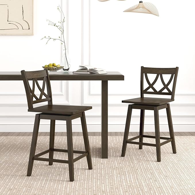 Giantex 24" Bar Stools Set of 2, Swivel Wooden Bar Chairs with Rubber Wood Frame, Footrest & Ergonomic Backrest, Counter Height Barstools for Kitchen Island, Restaurant & Pub, Dark Grey