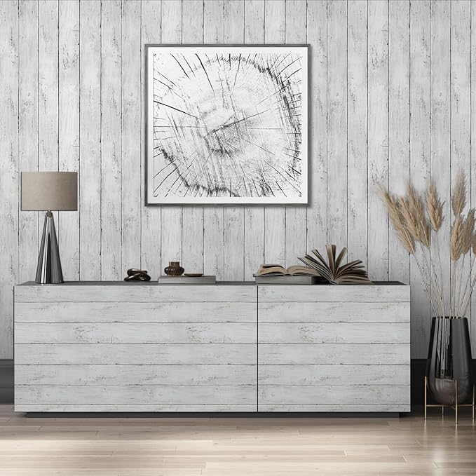 Abyssaly White Gray Wood Paper 35.4 in X 196 in Self-Adhesive Removable Peel and Stick Wallpaper Decorative Wall Covering Vintage Wood Panel Interior Film for Home Decoration