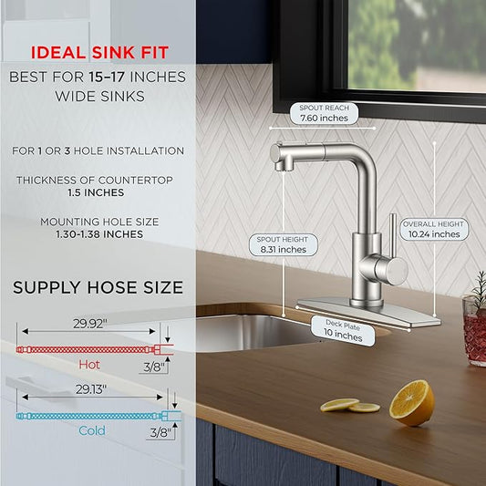 FORIOUS Modern Bar Sink Faucet Brushed Nickel, Stainless Steel Single Handle Small Kitchen Sink Faucet with Pull Out Sprayer, 360° Swivel Spout L-Shaped Design Suitable for Camper Outdoor Bathroom RV