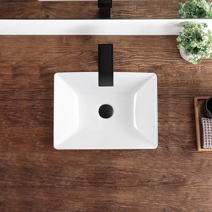 Bathroom Vessel Sink 16.7" X 12.6" Semi Recessed Bathroom Sink Rectangular Drop In Bathroom Sinks with Overflow White Ceramic Vessel Sinks for Bathroom Modern Above Counter Basin Vanity Sink