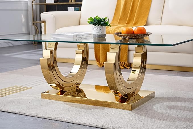 Modern Glass Coffee Table, 51" Sofa Coffee Table with Gold Stainless Steel Frame and Clear Glass Top, Rectangular Cocktail Table Accent Centre Table for Living Room