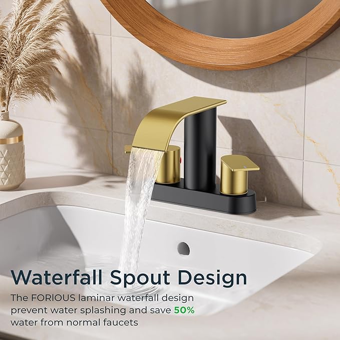 FORIOUS Black and Gold Bathroom Faucets, Waterfall 4 Inch Centerset Bathroom Sink Faucet with Metal Pop up Drain and cUPC Hose for Basin, Vanity, RV, Pedestal 2 or 3 Hole Sink