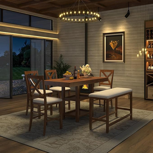 Solid Wood Counter Height Dining Table Set for 6, Expandable Bar Table with 4 Chairs and a Bench, Farmhouse Kitchen Table Set with 2-Tier Storage Shelves for Dinning Room Living Room (Brown-4.9)