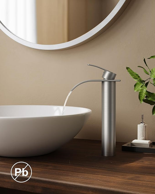 FORIOUS Waterfall Bathroom Vessel Sink Faucets with Metal Pop up Drain and Lead-Free cUPC Hose, Chrome Single Handle Tall Bathroom Faucet 1 Hole, 11inch for Bath,Vessel