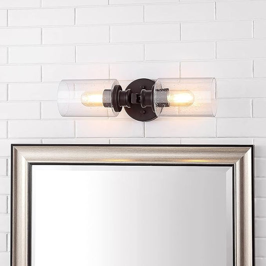 JONATHAN Y 16.5" Oil Rubbed Bronze 2-Light LED Wall Sconce, Modern Farmhouse Vanity Light with Seeded Glass Shade, Industrial Iron Fixture for Bathroom Mirror, LED Bulbs Included (JYL7577B)