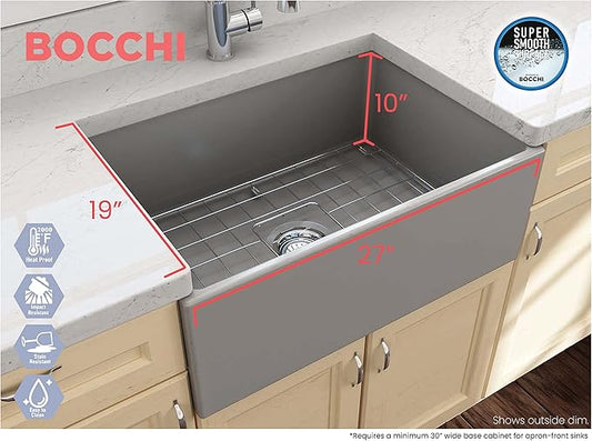 BOCCHI Contempo Farmhouse Apron Front Fireclay 27 in. Single Bowl Kitchen Sink with Protective Bottom Grid and Strainer in Matte Gray