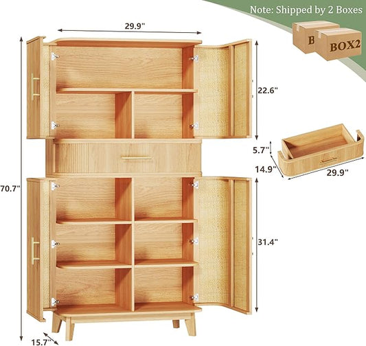 HUAHUU 71" Pantry Cabinet with Drawer, Kitchen Pantry Storage Cabinet with 4 Doors, Modern Curved Storage Cabinets with 10 Large Storage Spaces for Dining Room, Living Room, Oak