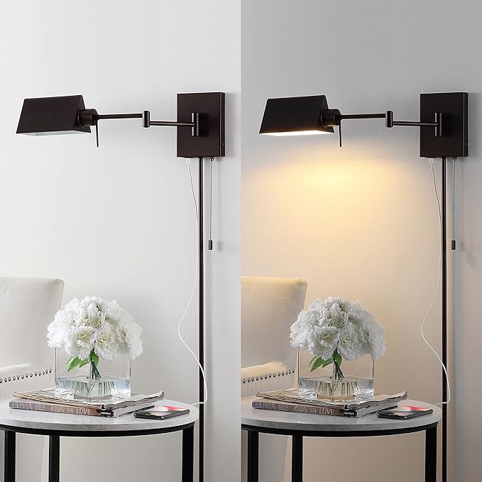 JONATHAN Y 22" Oil Rubbed Bronze 1-Light Swing Arm Wall Sconce, Plug-in or Hardwired with USB Charging Port and Pull Chain, Iron Shade, Industrial LED Reading Lamp JYL6015A