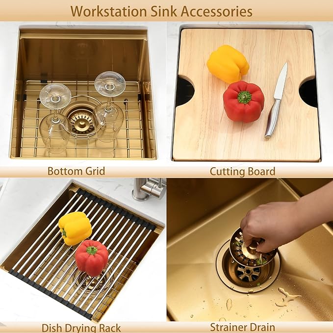 Gold Undermount Bar Sink Workstation,16x19 Small Kitchen Sink Brushed Gold Bar Sinks Undermount 18 Gauge Single Bowl Stainless Steel Kitchen Sinks with Cutting Board