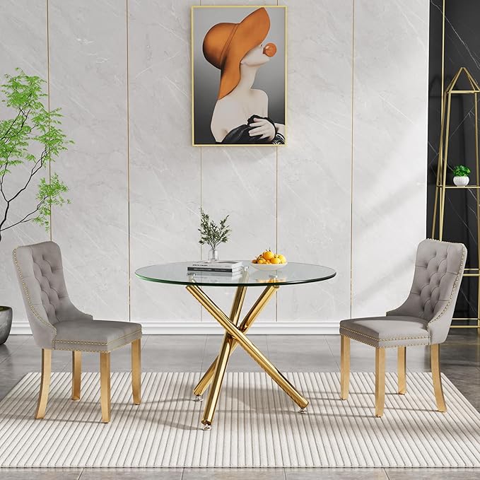 35.4'' Round Dining Table for 4 or 2, Glass Small Kitchen Table for Dining Room Living Room, Round Accent Tea Table Circular Dining Table, Gold Metal Tube Legs