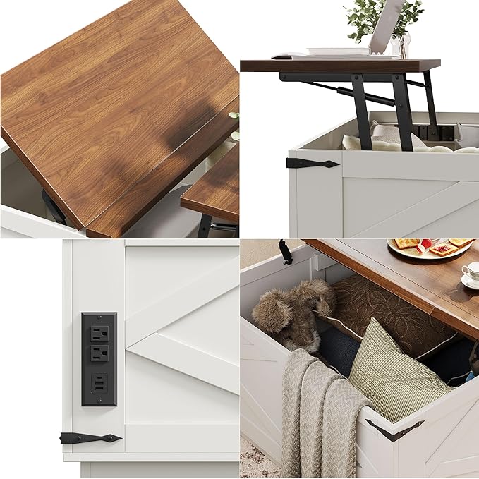 Jocoevol Farmhouse Lift Top Coffee Table, Square Wood Center Table with LED Lighting, USB-C Charging Station, and Hidden Storage Compartment - Rustic White & Oak Living Room Furniture