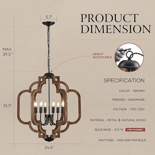 24.6" Farmhouse Vintage Chandelier 8-Light for Dining Room Rustic Handmade Wood Hanging Ceiling Pendant Light Fixture for Entryway Brown Retro Chandeliers for Kitchen Bedroom Foyer Hallway