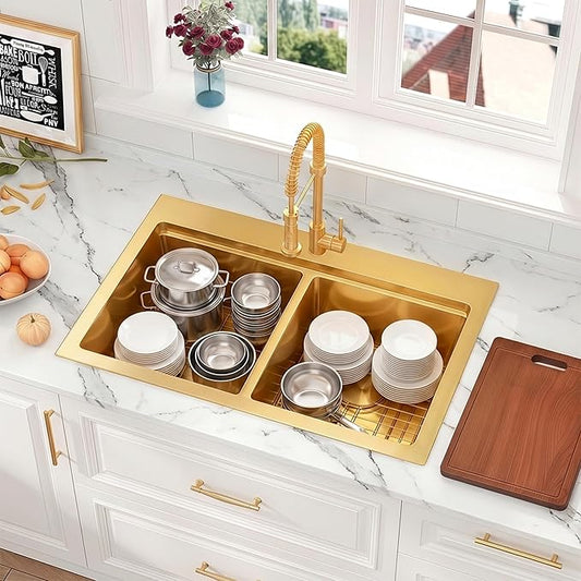 33 Inch Gold Sink Drop-In Topmount Double Bowl, 16 Gauge 50/50 Double Bowl Stainless Steel Workstation Sink, 33" x 22" x 10" Large and Deep Kitchen Sink With Accessories