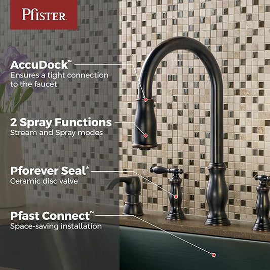 Pfister Hanover Kitchen Sink Faucet with Pull Down Sprayer and Soap Dispenser, 2-Handle High Arc Design, 4-Hole Installation, Tuscan Bronze Finish for Kitchen Sink F5314HNY