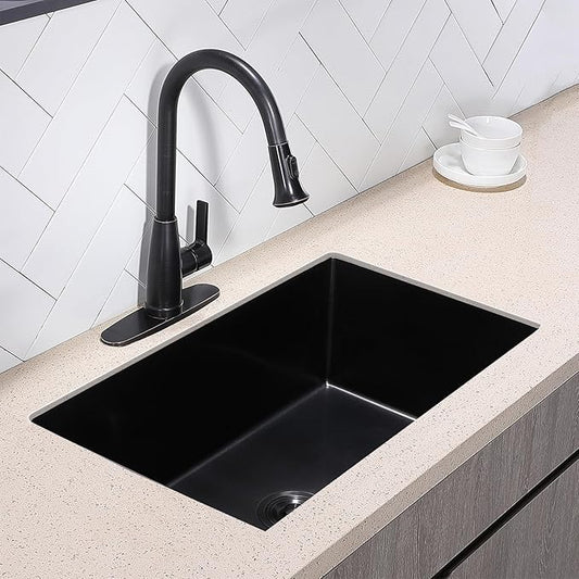 28 Inch Undermount Kitchen Sink Black, 28x18 Under Mount Gunmetal Black Stainless Steel 16 Gauge 9 Inch Deep Single Bowl Kitchen Sink with Strainer