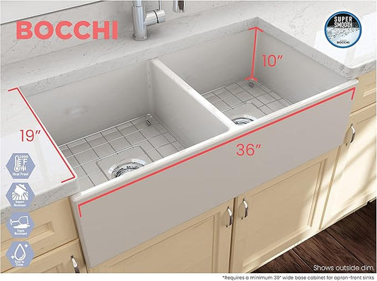 BOCCHI Contempo Farmhouse Apron Front Fireclay 36 in. Double Bowl Kitchen Sink with Protective Bottom Grid and Strainer in Biscuit