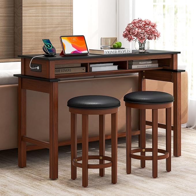 COSTWAY 3 Pieces Bar Table Set with Power Outlet, 36” Counter Height Bar Table with 2 Upholstered Bar Stools, Pub Table Set for Kitchen, Dining Room, Living Room, Small Space (Black + Walnut)